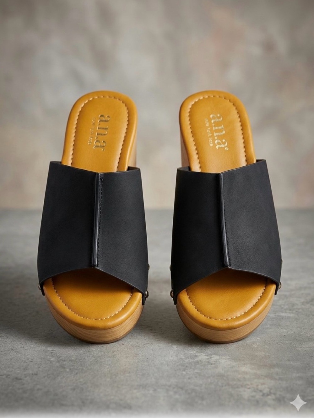 a.n.a Elissa Black Slide Mules with Tan Footbed